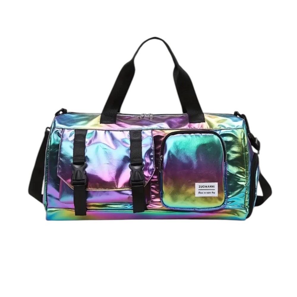 Shimmering Holographic Duffel Bag with Black Straps